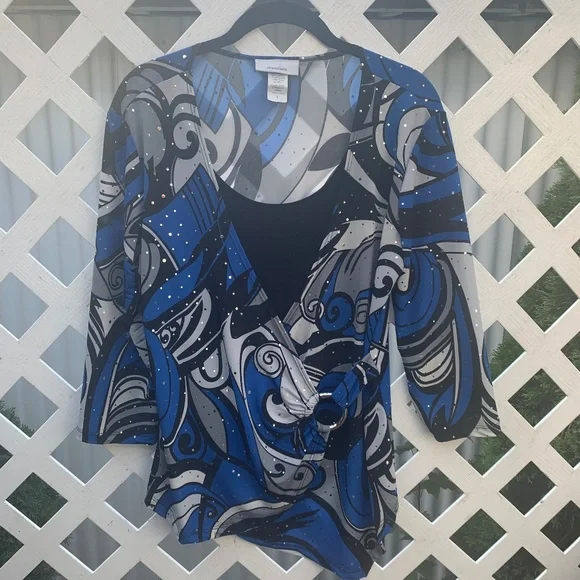 dress barn sequin tops Dress Barn Blue Paisley Flare Sleeve XL Top Sequin Bead Embellishments